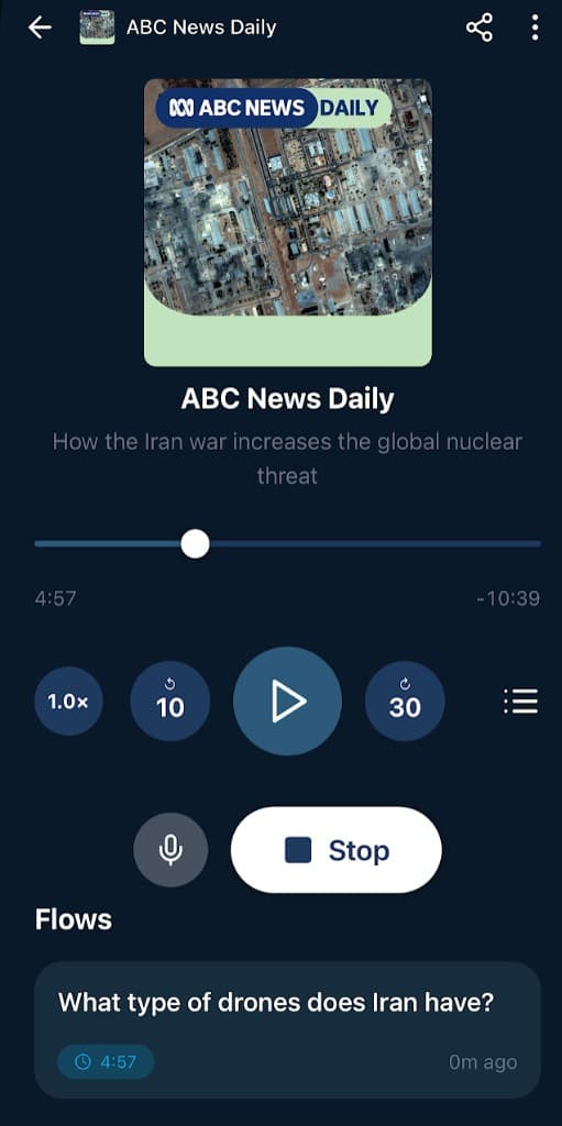 Roark voice AI listening while playing a podcast
